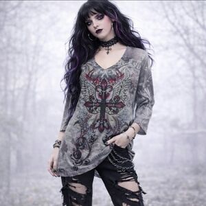 Hot Tees Studded Tunic Knit Top Multi Color Angel Wings Cross Pattern Retro Sz M